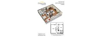 A 3D floor plan of a one bedroom apartment with a detailed inset showing a close up of the kitchen area.