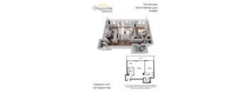 A floor plan for a property with a bedroom, living room, and kitchen.
