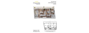 A floor plan for a property at The Faircrest showing a 2 bedroom apartment with a total area of 940 square feet.