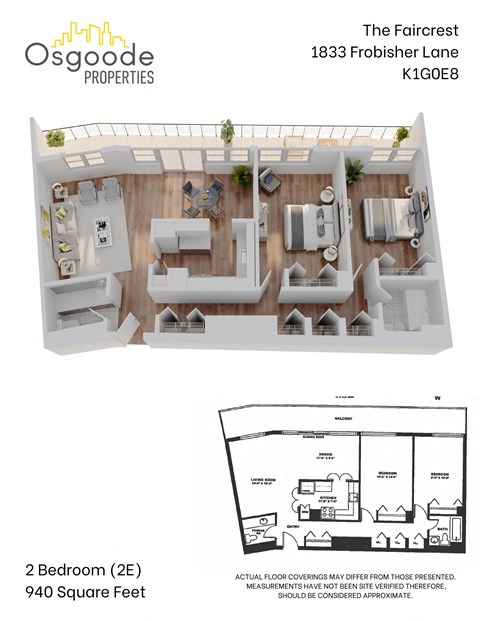 A floor plan for a property at The Faircrest showing a 2 bedroom apartment with a total area of 940 square feet.