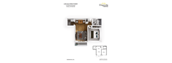 A floor plan for a 1 bedroom apartment at Lincoln Park Tower.
