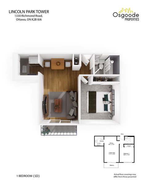 A floor plan for a 1 bedroom apartment at Lincoln Park Tower.