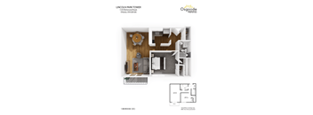 A floor plan for a 1 bedroom apartment at Lincoln Park Tower.