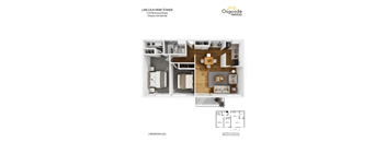 A floor plan of a 2 bedroom apartment at Lincoln Park Tower.
