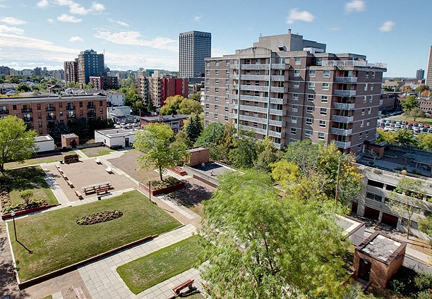 a park with trees and buildings in a city