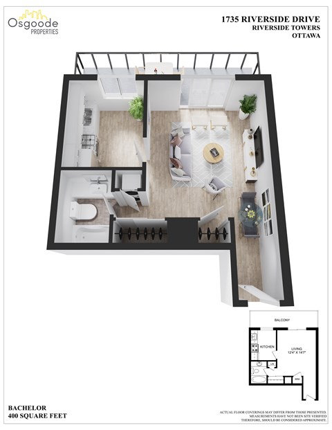 A floor plan of a 400 square foot apartment from Osgoode Properties.