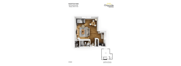A floor plan of a studio apartment with a living room, kitchen, and bathroom.