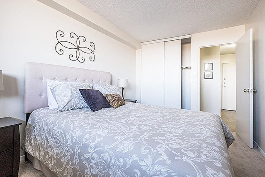 a bedroom with a large bed and a closet
