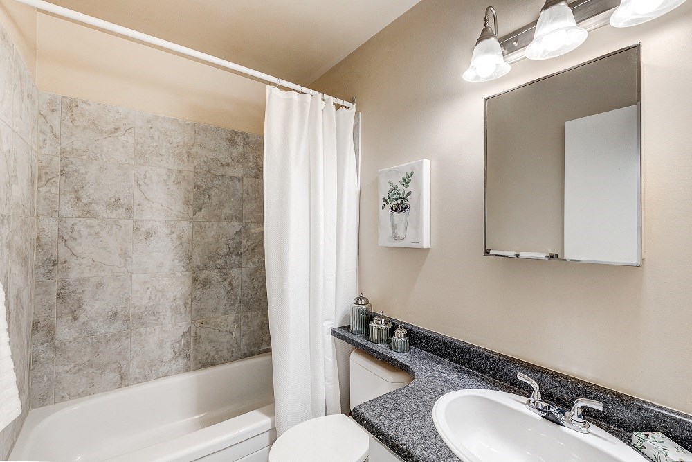 a bathroom with a sink and a tub and a mirror
