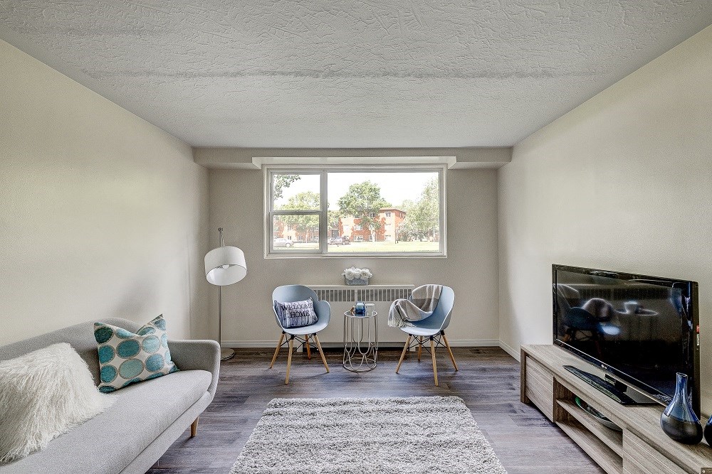 a living room with a couch and a table with chairs and a tv
