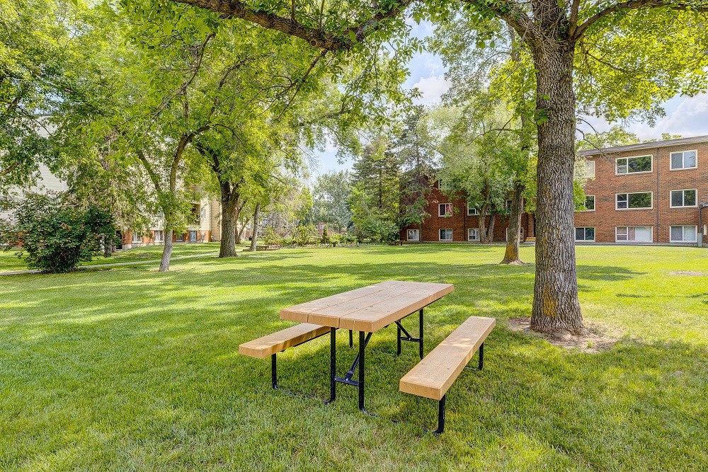 a picnic table and benches in a park