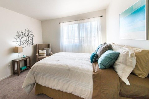 a bedroom with a large bed and a window