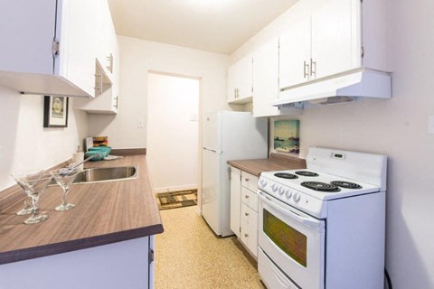 a kitchen with a stove sink and refrigerator