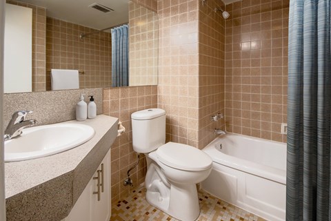 A bathroom with a toilet, sink, and bathtub.