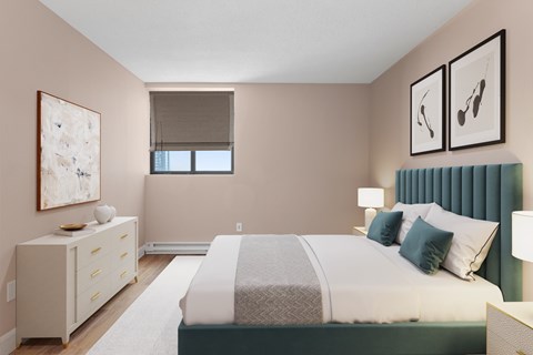 A bedroom with a large bed and a dresser with a painting on it.