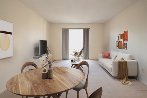 A modern dining room with a wooden table and chairs.