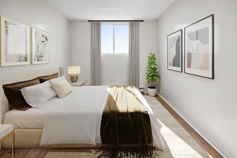 A bedroom with a large bed and a potted plant.