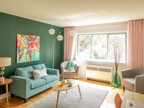 a living room with green walls and a blue couch