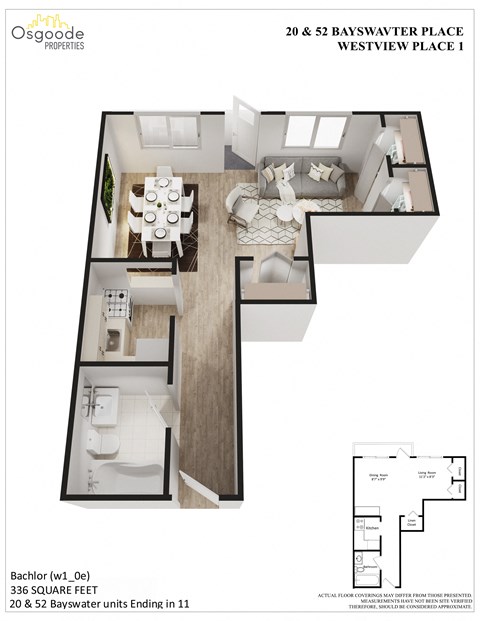 A floor plan for a property at 20 & 52 Bayswater Place, Westview Place 1, showing a kitchen, dining area, and living room.