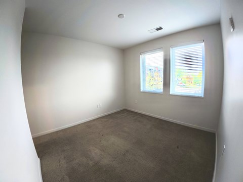A room with two windows and a carpeted floor.