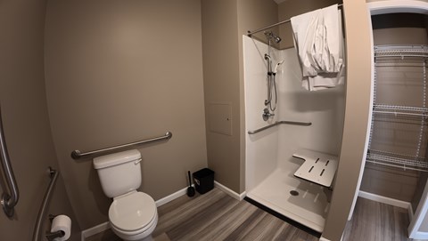 A bathroom with a toilet, a shower, and a towel rack.