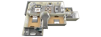 a 3d rendering of a floor plan with a bedroom and a living room