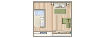 a floor plan of a room with a bed and a desk