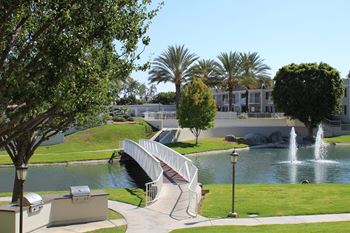 A park with a bridge over a pond and a fountain.