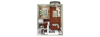 A 3D rendered image of a small apartment layout.