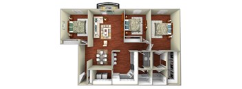 A 3D rendered image of a house layout.