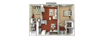 A 3D rendered image of a small apartment layout.