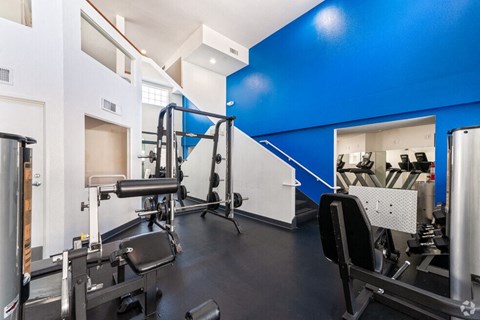 a gym with weights and cardio equipment and a blue wall