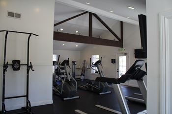 A gym with a variety of equipment including a treadmill, weights and a bench press.