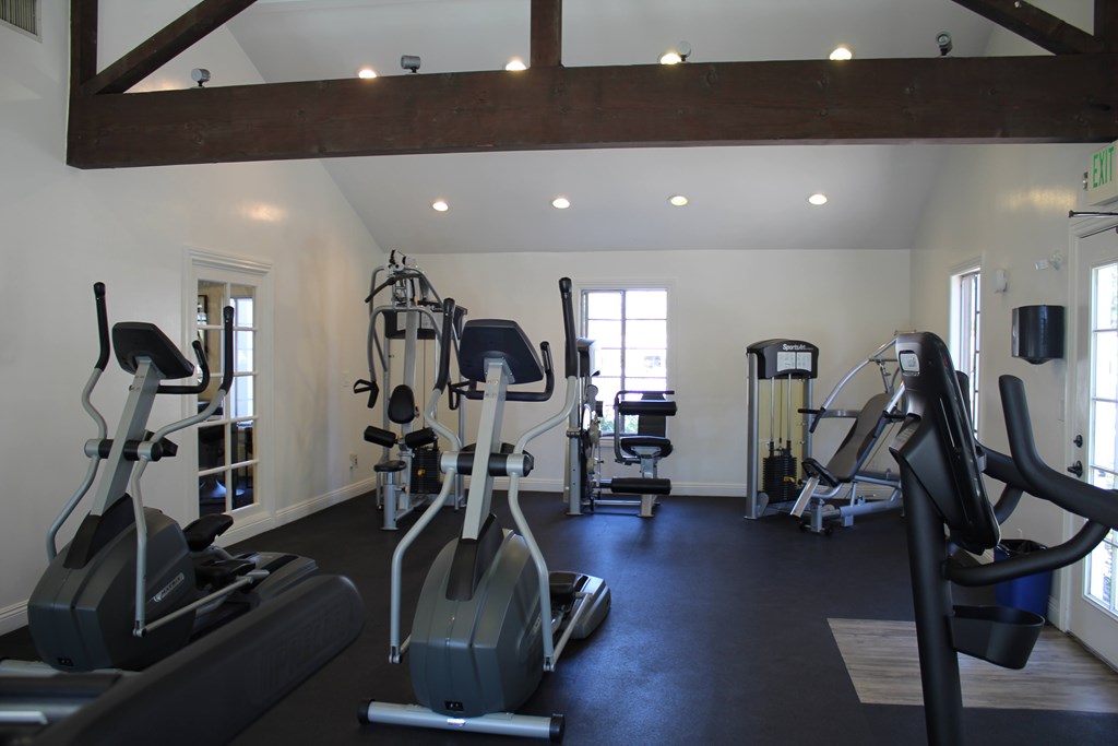 A gym with a variety of exercise equipment.