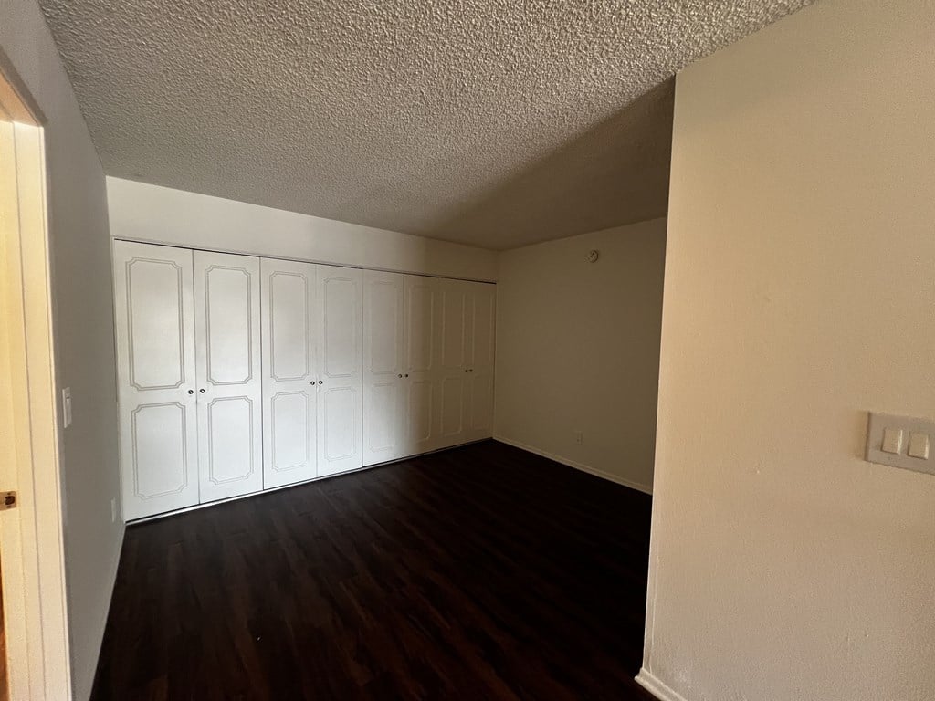 A room with white walls and wooden flooring with a white closet.