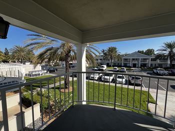 A balcony with a white railing overlooks a parking lot and palm trees.