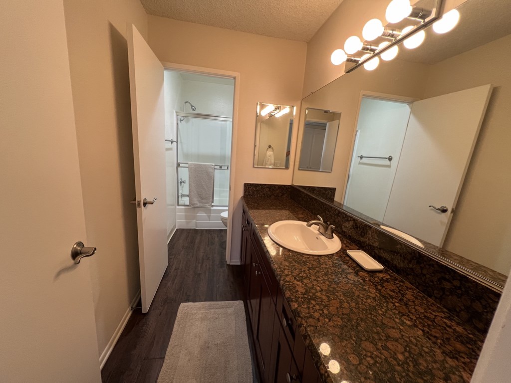 A bathroom with a sink, mirror, and a rug.