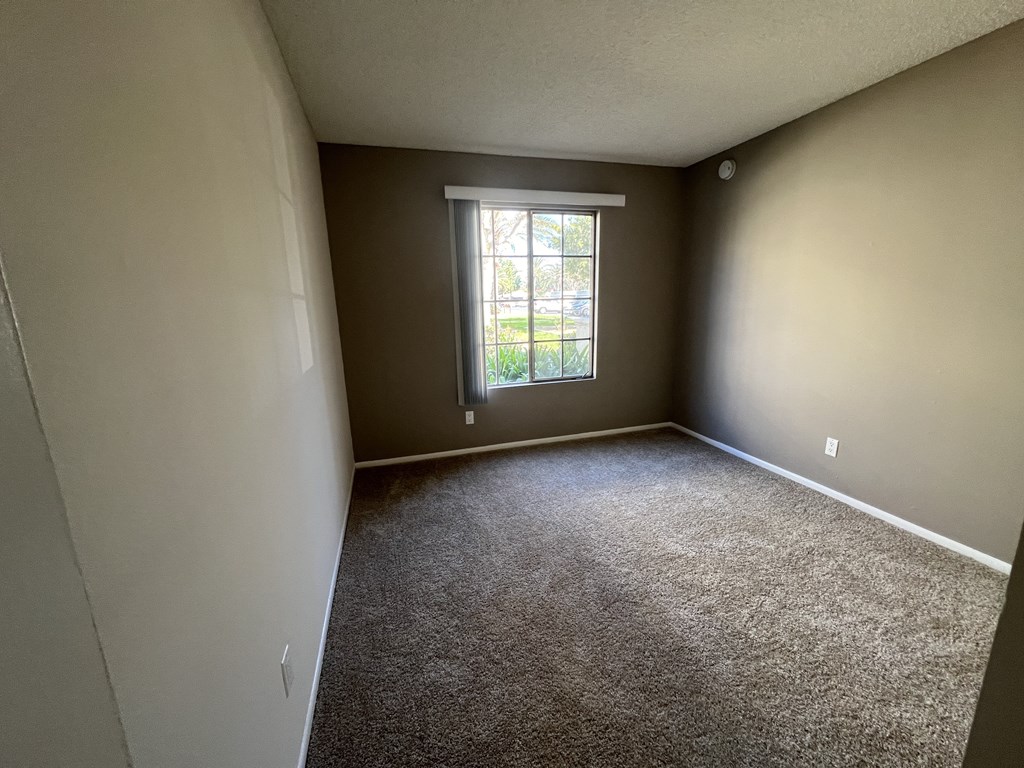 A room with a window and carpeted floor.