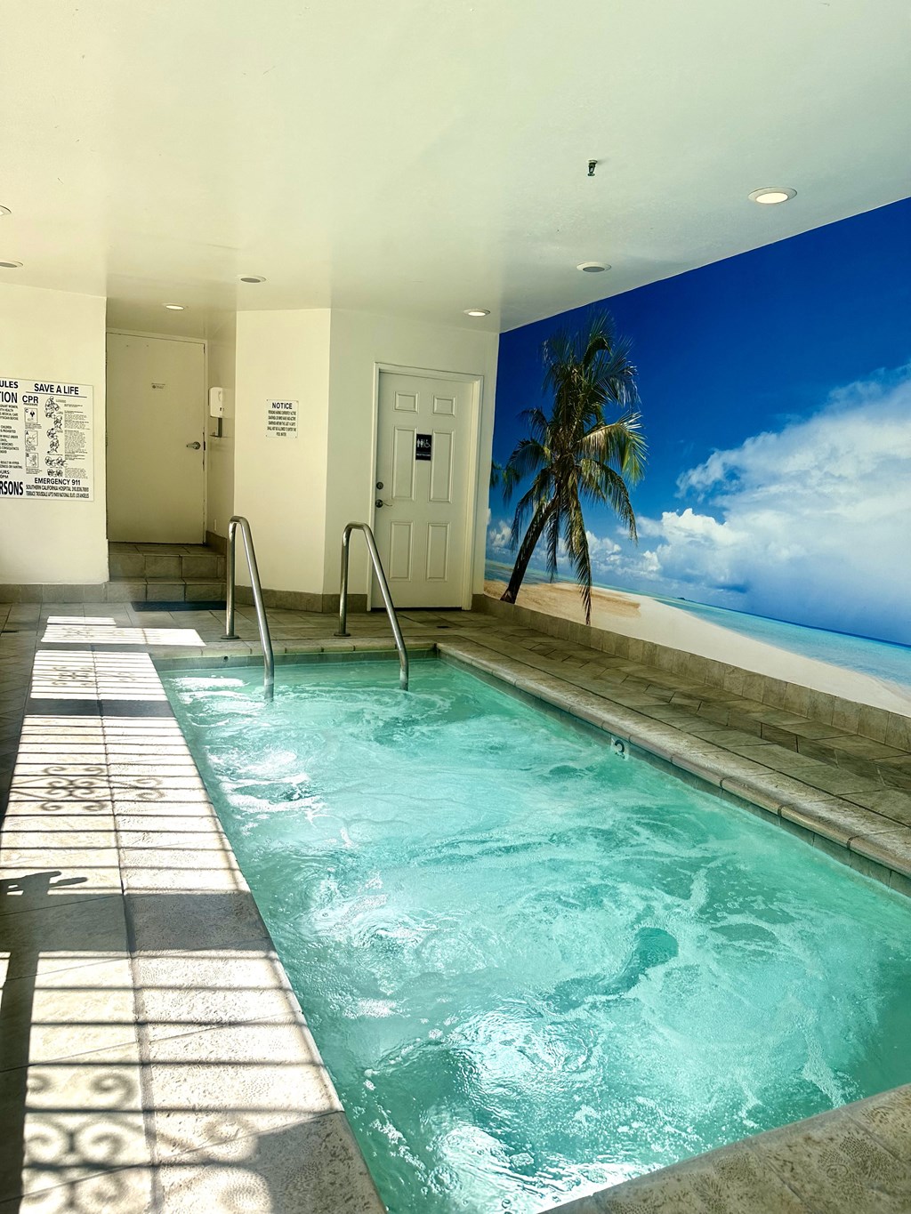 a large swimming pool in a building with a palm tree