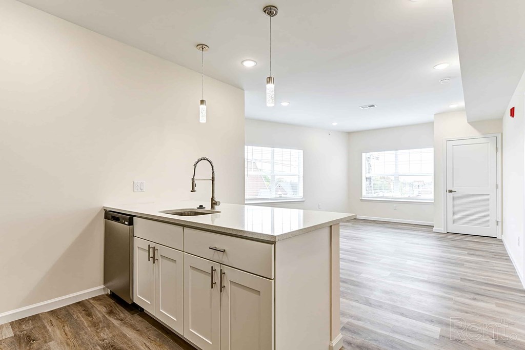 A kitchen with a sink and a window.