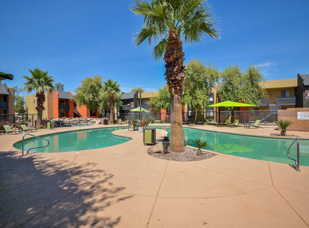 Pool outside of Onnix Apartments in Tempe, AZ with palm trees and space for lounging