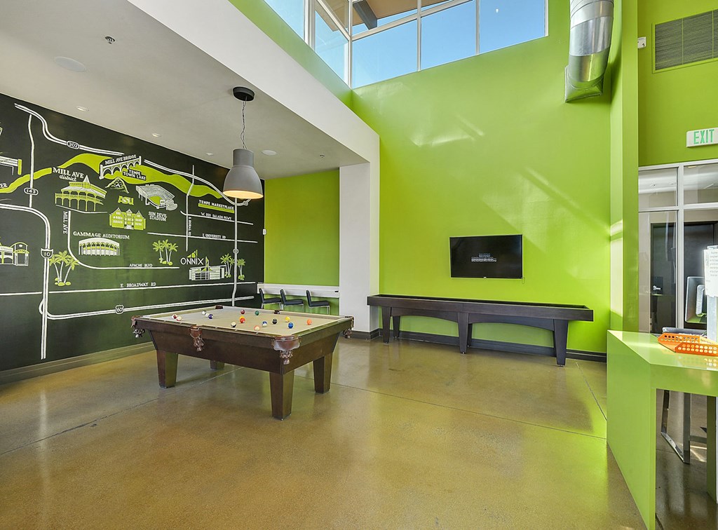 Pool table in large community room at student apartments in Tempe, AZ