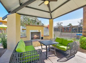 Outdoor fireplace and seating area