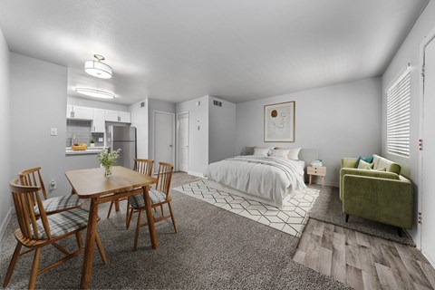 A bedroom with a bed, a couch, a table and chairs.