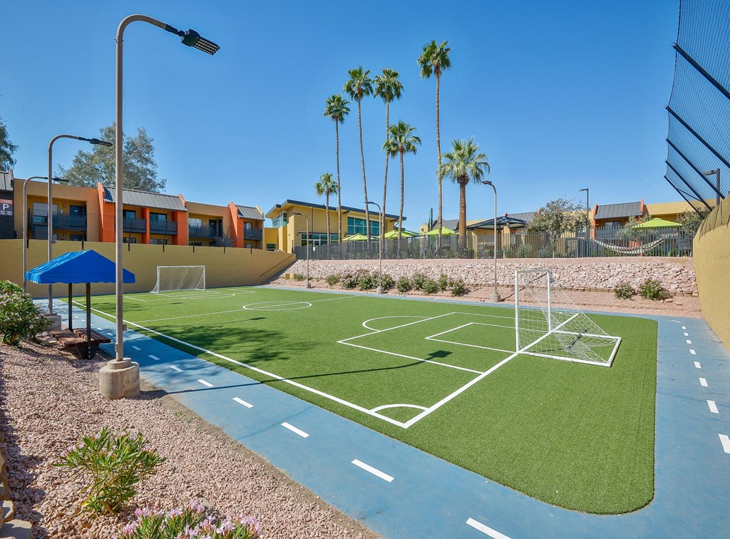 Small grassy sport area surrounded by a walking path and benches under shade