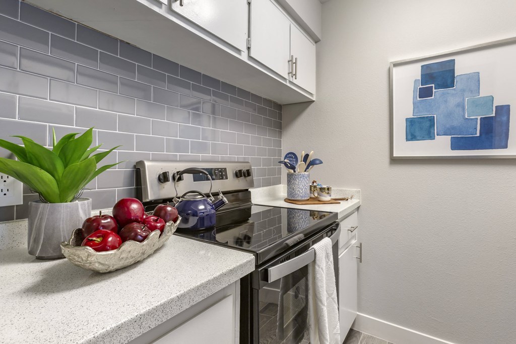 a kitchen with stainless steel appliances and a bowl of apples