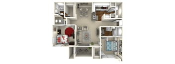 A 3D floor plan of a small apartment with a kitchen, living room, and bathroom.