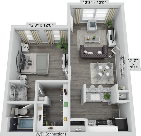 3800 on Portland, A1, 1 bedroom floorplan
