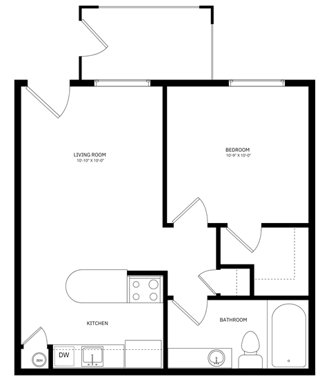 a floor plan of a residence with a bedroom and a living room