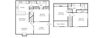a floor plan of a house with two bedrooms and a living room and a bathroom